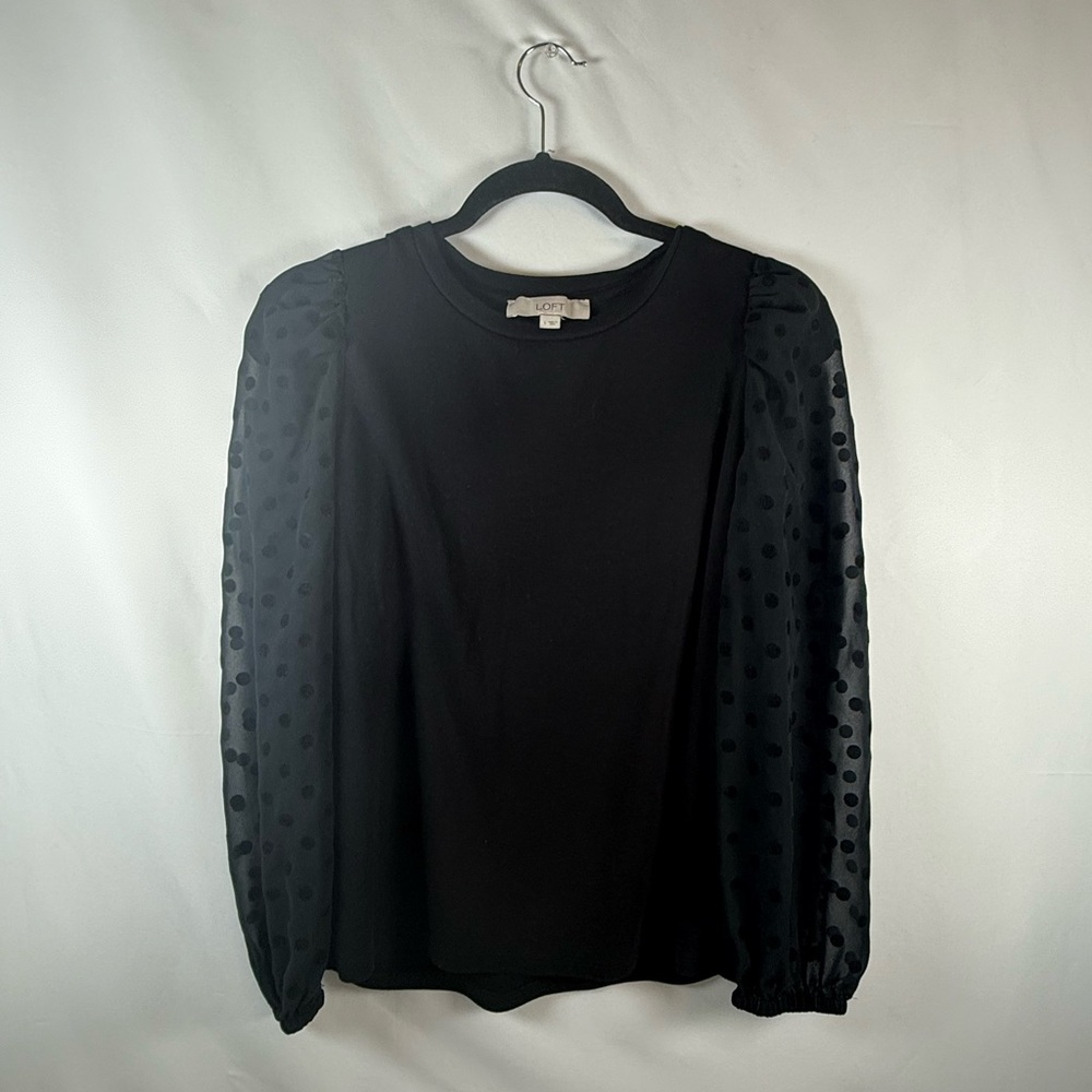 LOFT Black Blouse with Sheer Polka Dot Sleeves